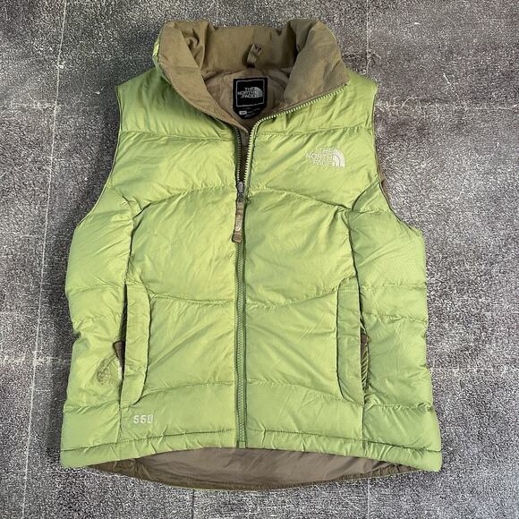 Women's Vintage Y2K The North Face Green Tan 550 Down Nuptse Puffer Vest Sz S - Picture 1 of 4